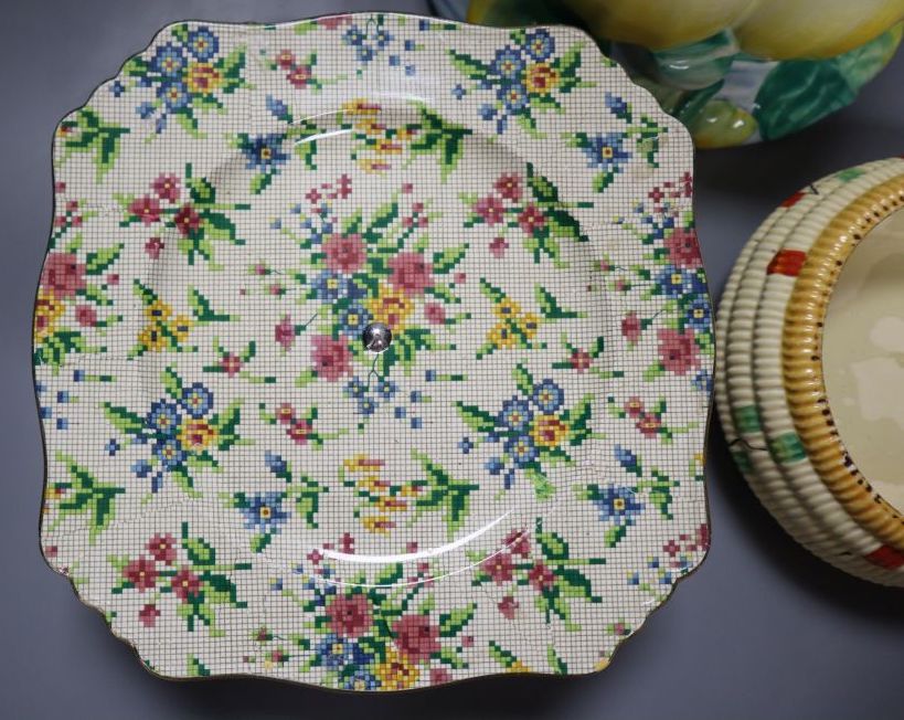 A group of post-war Clarice Cliff including a My Garden vase and jug, Water Lily bowl, 21cm wide, Celtic Harvest jug and two 1930s jugs